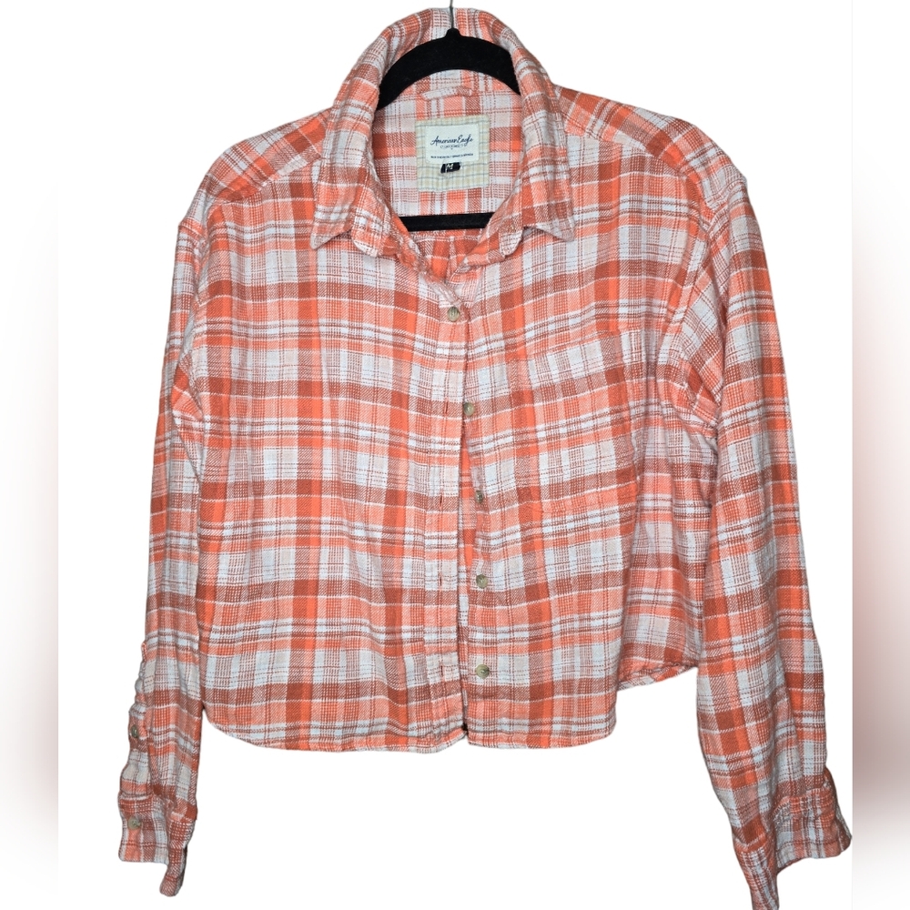 American Eagle Distressed Plaid  Cropped Button Down Shirt Jacket M EUC